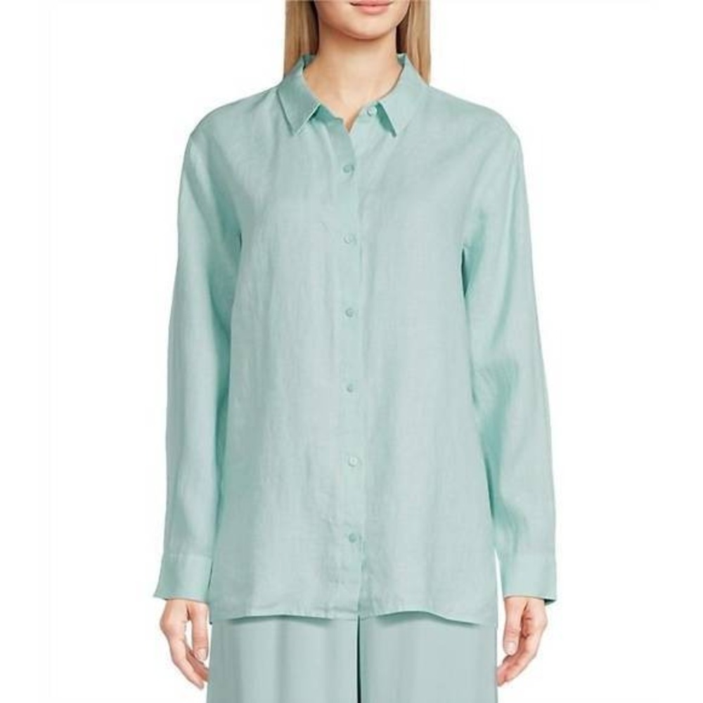 Eileen Fisher Handkerchief Organic Linen Button Down Tunic Top Pool Blue Small